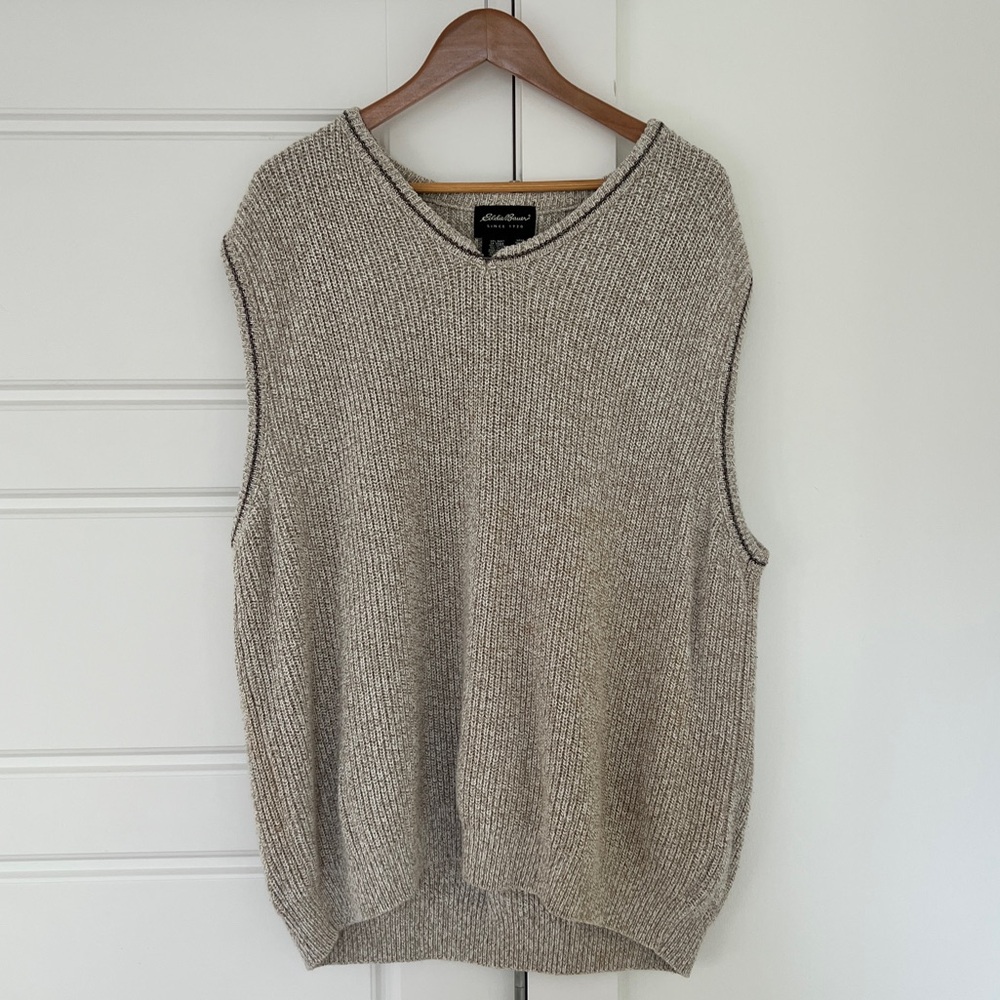 Vintage Eddie Bauer Sweater Vest Mens Large Beige Knit Pullover USA Made Preppy